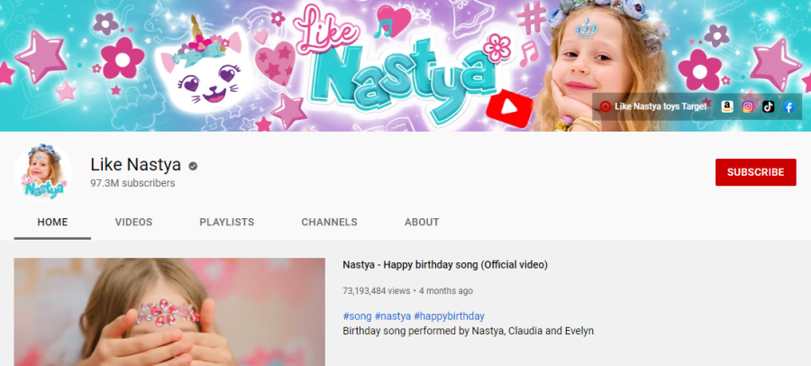 Like Nastya - most subscribed youtube channels